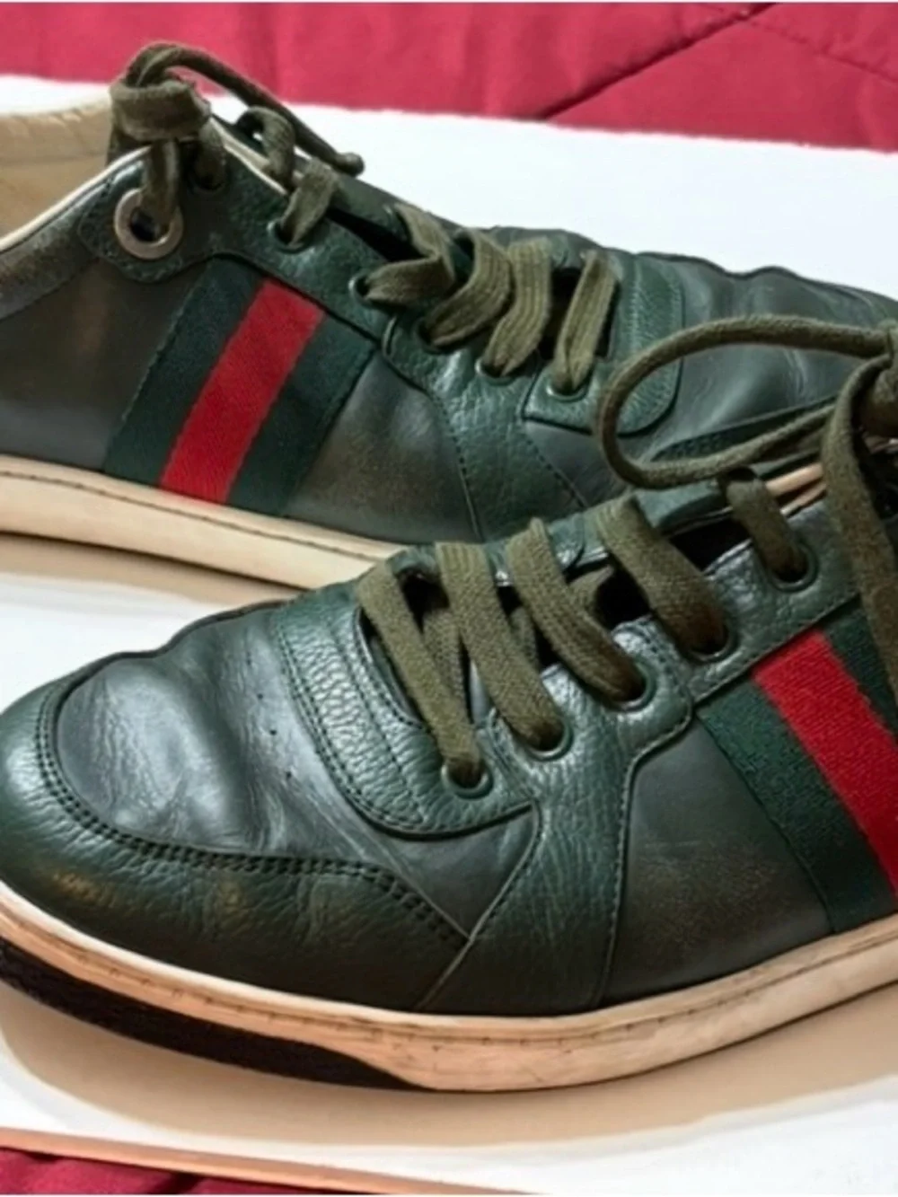 Gucci Green Leather Sneakers with Signature Red & Green Web